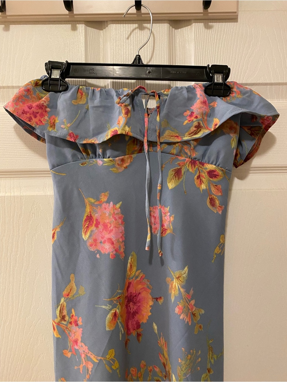 Off-Shoulder Blue Floral Dress with Ruffle Detail